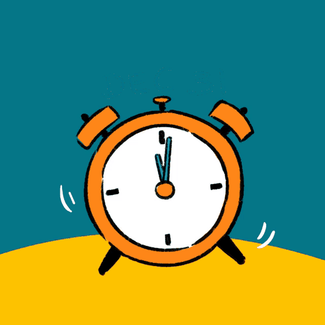 an orange alarm clock with a white speech bubble behind it