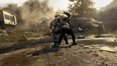 two soldiers are fighting in a video game with smoke coming out of the background