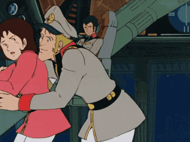 a man in a military uniform is hugging a woman in a pink dress