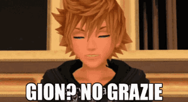 a cartoon character with closed eyes and the words gion no grazie