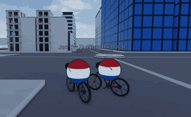 a cartoon of two dutch balls riding bicycles on a city street
