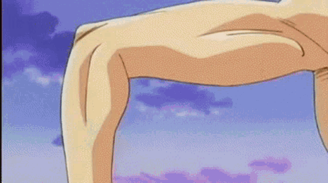 a close up of a person 's torso with a blue sky behind them