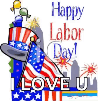 a happy labor day greeting card with an american flag and a top hat