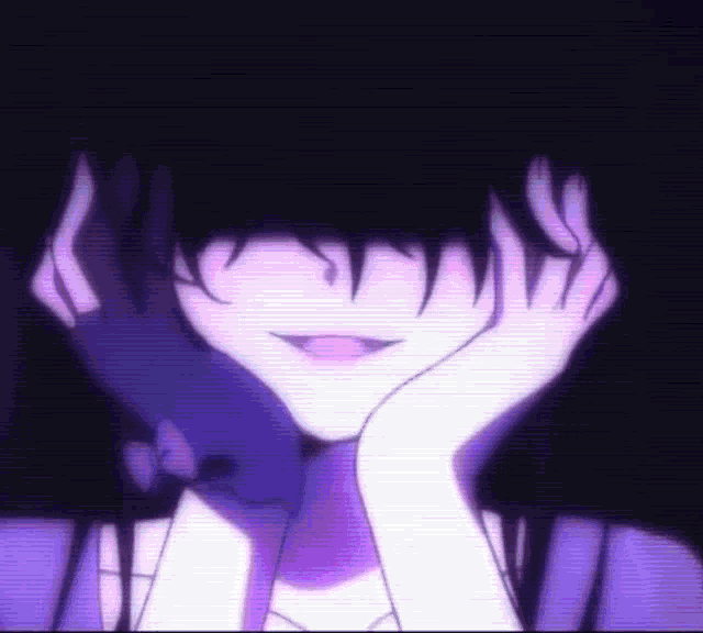 a close up of a person 's face with their hands on their face and a purple background .