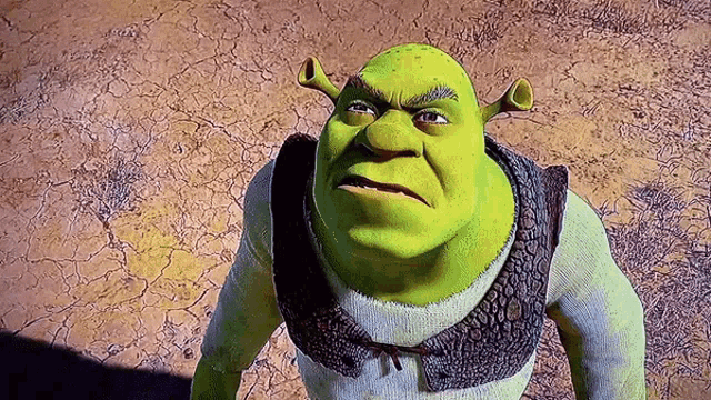 shrek from the movie shrek is standing in the desert looking at the camera with an angry look on his face .