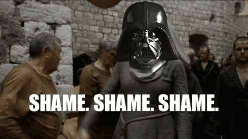 darth vader is standing in front of a crowd with the words shame shame shame .