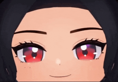 a close up of a girl 's face with red eyes and black eyebrows