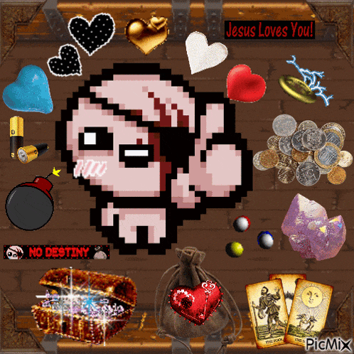 a picture of jesus loves you with a treasure chest and tarot cards