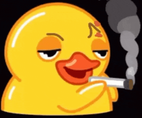 a yellow rubber duck is smoking a cigarette with smoke coming out of it 's mouth .