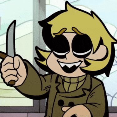 a cartoon character is smiling and holding a knife in his hand