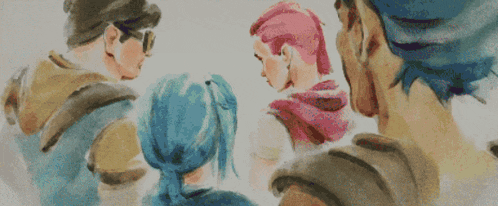 a painting of a group of people including a man with blue hair