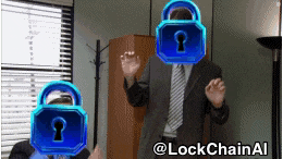 a man in a suit and tie with a blue padlock on his face