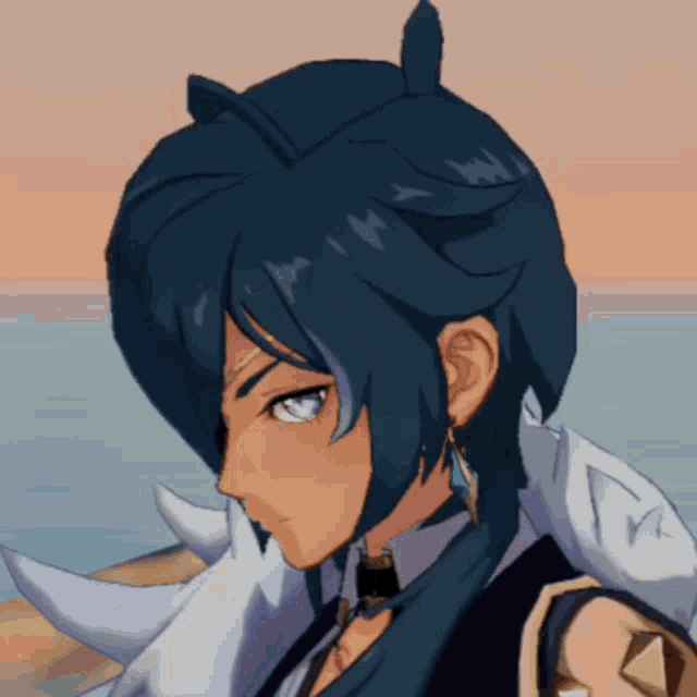 a close up of a person 's face with a blue hair style