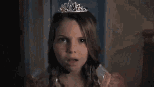 a young girl is wearing a tiara and a dress .
