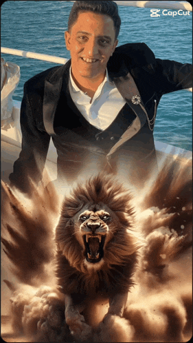 a man in a suit is standing next to a lion with a capcut logo on the bottom