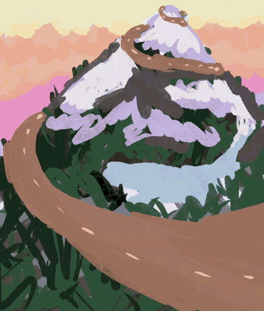 a painting of a mountain with a road going up it