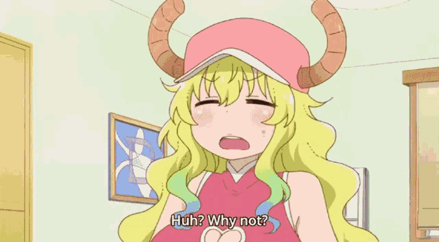 a girl with horns and a pink hat says huh why not