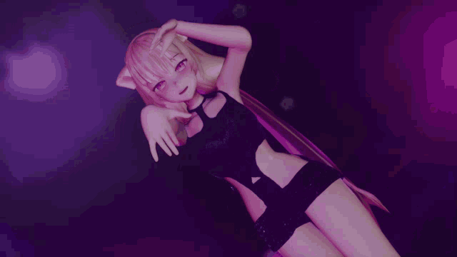 a girl with a cat ear is dancing in a purple light