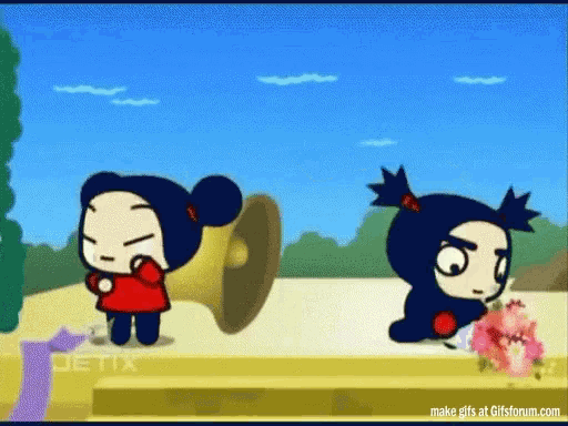a cartoon of a girl with a megaphone and another girl with flowers
