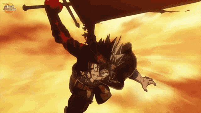 a cartoon character is flying through the air with a sword in his hand