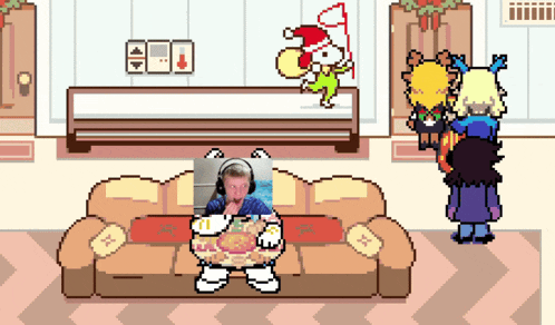 a pixel art drawing of a man sitting on a couch with headphones on