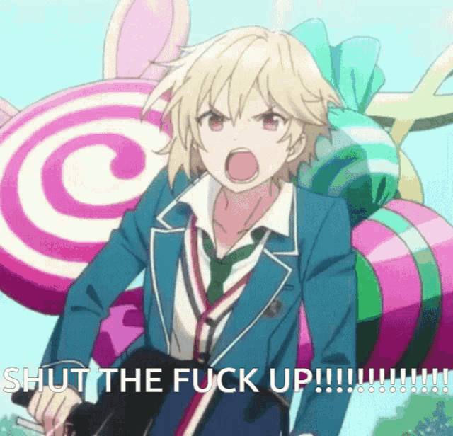 a boy in a school uniform is screaming with the words shut the fuck up
