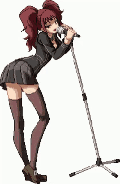 a pixel art of a woman singing into a microphone .