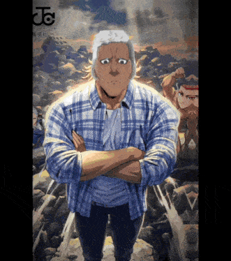a man in a plaid shirt stands with his arms crossed in front of a jc logo on the bottom