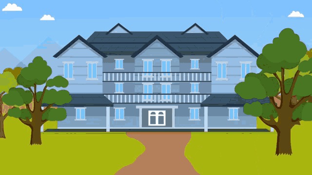 a cartoon illustration of a large house with balconies