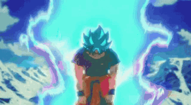 a cartoon character with blue hair is standing in the middle of a blue lightning storm .