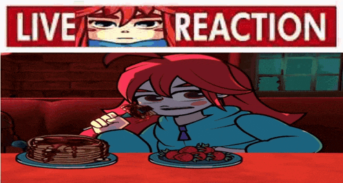 a cartoon girl is sitting at a table with pancakes and strawberries under a live reaction sign
