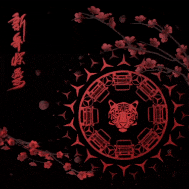 a black background with red flowers and a tiger in the center