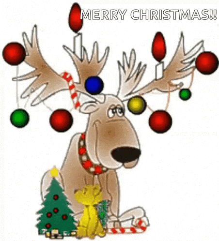 a cartoon reindeer with christmas decorations on its antlers is sitting next to a dog .
