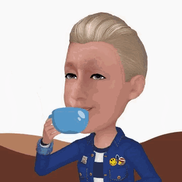a cartoon character drinking a cup of coffee