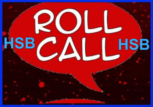 a red speech bubble that says " roll call "