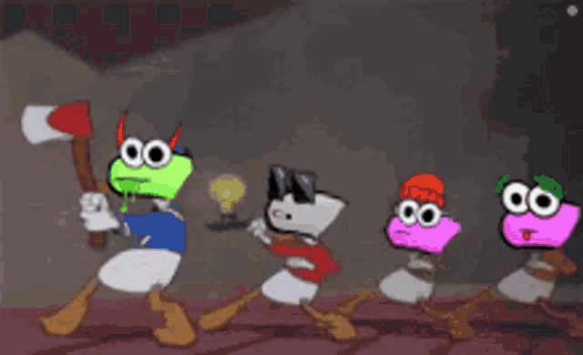 a group of cartoon characters are walking in a line and one has an axe