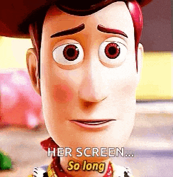 a close up of a toy story character 's face with the words `` her screen so long '' .