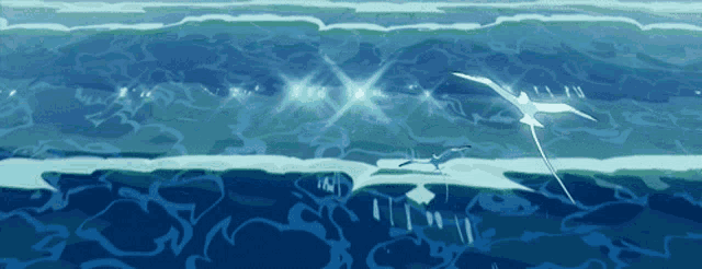 two seagulls are flying over a body of water with the sun shining through the water