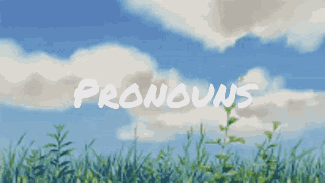 the word pronouns is written on a blue sky background