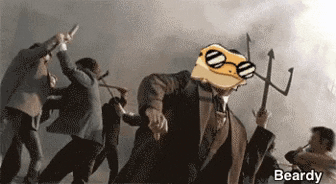 a group of men are fighting each other with a man wearing sunglasses holding a trident