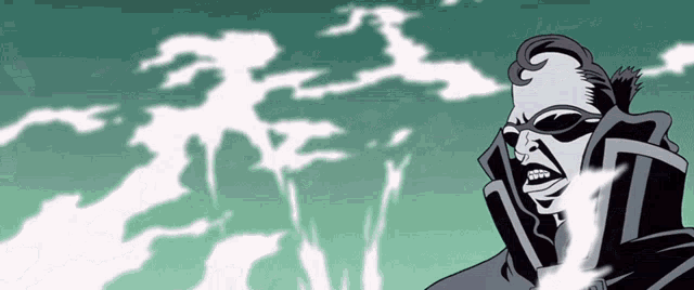 a cartoon of a man wearing sunglasses and a black coat