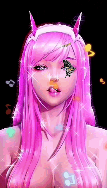 a girl with pink hair has a butterfly on her face .