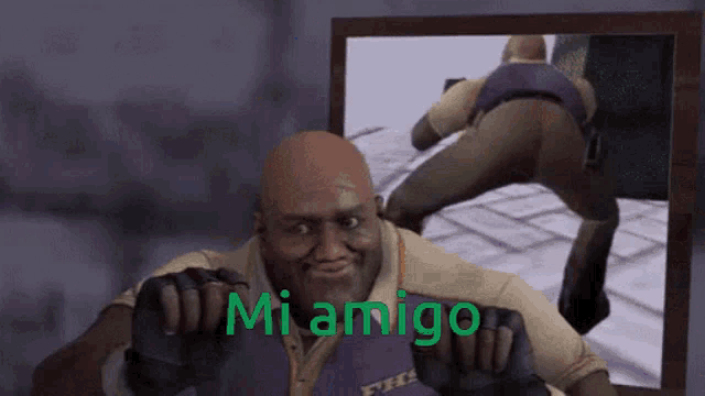 a man in a purple shirt stands in front of a mirror that says mi amigo