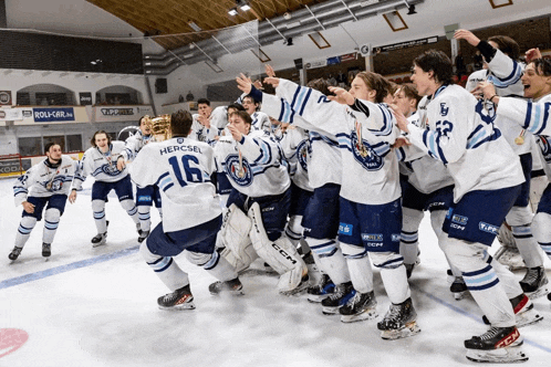 a group of hockey players are celebrating a win and one of them has the number 16 on his shirt