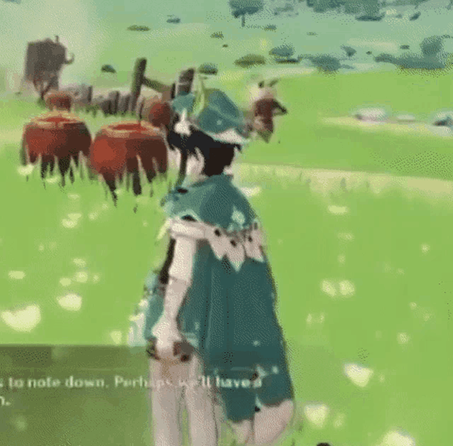 a person is standing in a field in a video game and talking to someone .