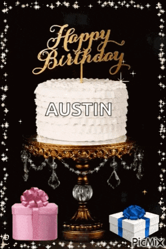 a birthday cake on a cake stand with the name austin written on it