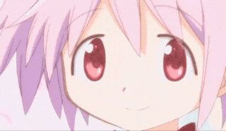 a close up of a cartoon girl with pink hair and red eyes wearing a bow tie .