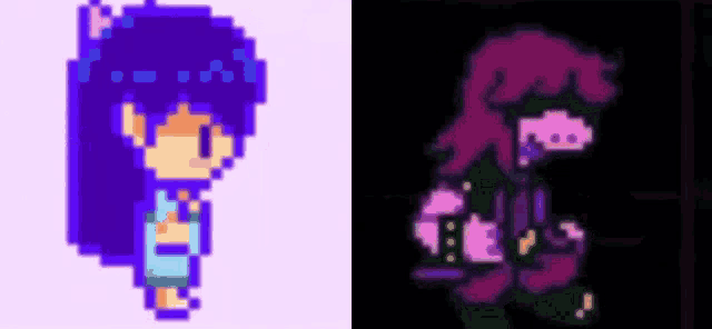 a pixel art of a girl with blue hair and a pixel art of a girl with red hair .