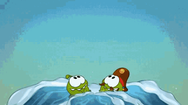 two cartoon characters are jumping over a body of water one is holding a lollipop