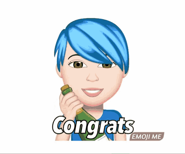 a woman with blue hair is holding a bottle of champagne and the words congrats emoji me below her